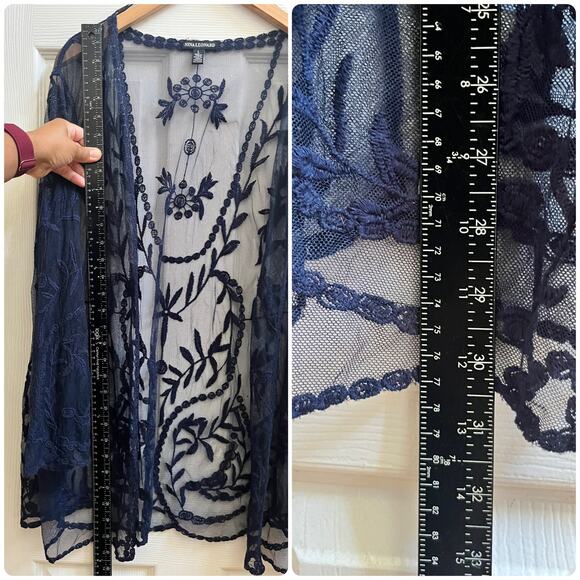 Nina Leonard Floral Embroidered Mesh 3/4 Sleeves Open Duster Cardigan Large - Picture 5 of 9
